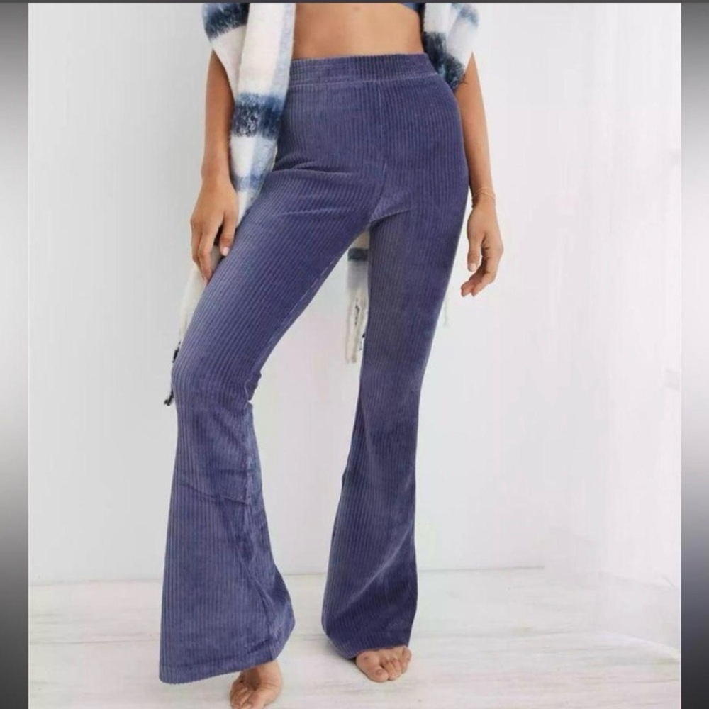 Aerie S Long Dark Blue Groove On Velour High Waisted Flare Pants Fresh Bright